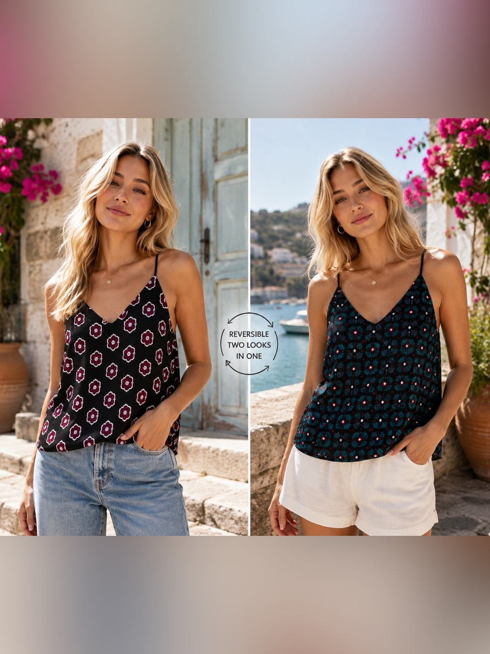 2 Looks Express Reversible Barcelona Cami Tank Top Floral Print Black Size Small